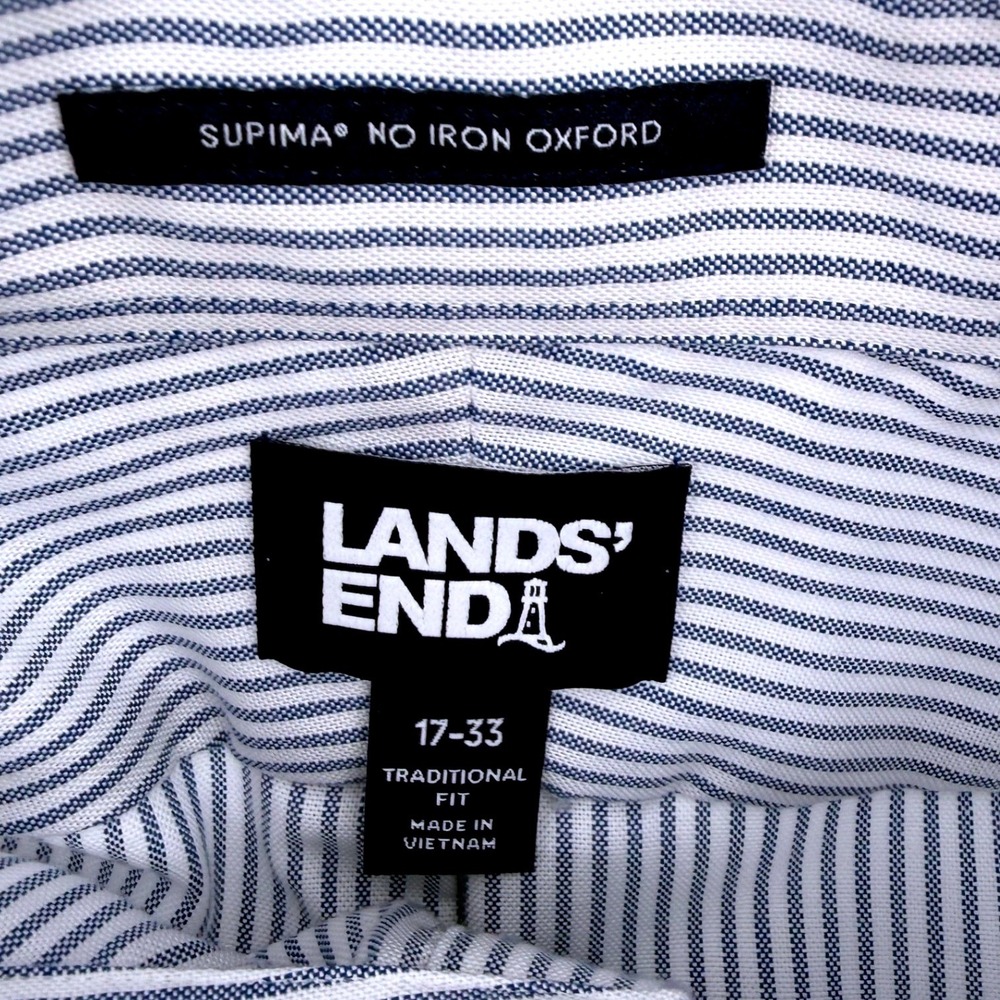 Lands End Mens Supima No Iron Oxford Shirt Blue White Stripe 17-33‎ Traditional - Picture 2 of 10